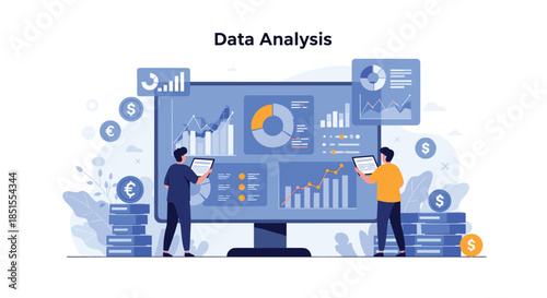 Two data analysts working with tablets in front of a large computer screen displaying a dashboard with charts and graphs.