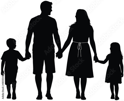 Black silhouette of a family of four holding hands walking white people