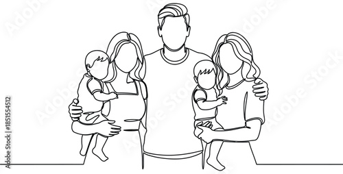 Continuous line drawing of a family with two children and a pregnant woman vector