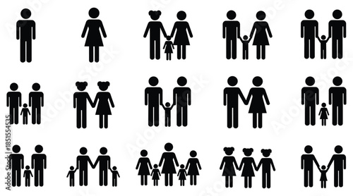 Diverse family unit icons in black on white background people