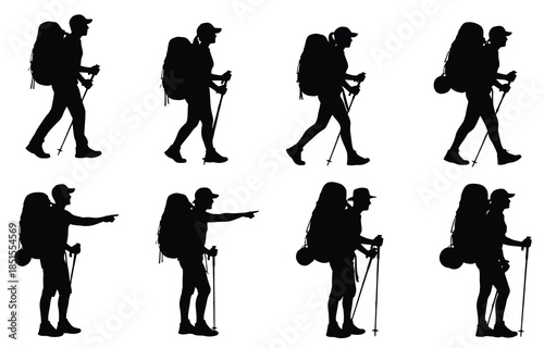 Eight black silhouettes of hikers with backpacks and trekking poles vector