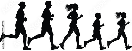 Five black silhouettes of people running in a line group