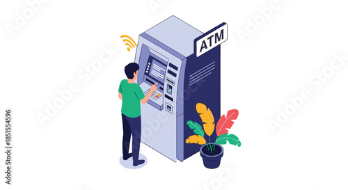 Isometric illustration of a man withdrawing cash from an ATM machine, with a Wi-Fi symbol indicating a wireless connection.