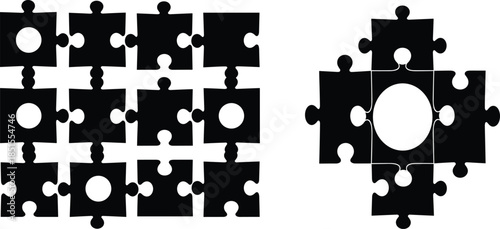 Puzzle piece vector, grid and circular layout, black silhouette design, geometric arrangement, visual logic concept, abstract shape illustration, isolated on white