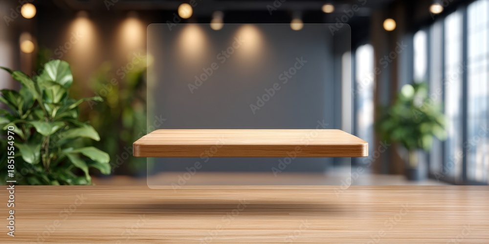 Obraz premium Draft Mockup Vision concept. Floating wooden shelf in a modern, stylish interior setting.