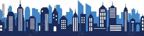 Modern Blue City Skyline Silhouette with High Rise Buildings and Skyscrapers Vector Illustration for Technology and Corporate Background