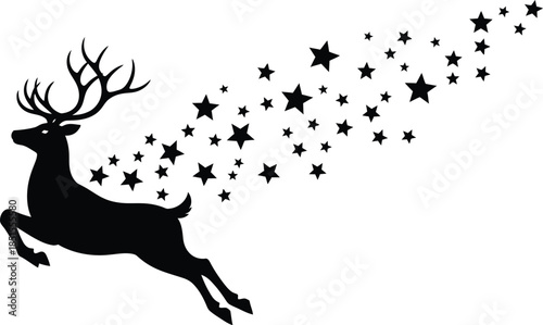 Silhouetted leaping deer with stars trailing perfect for festive designs on transparent background