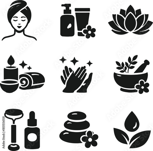 Spa and wellness icons set beauty, relaxation, aromatherapy, skincare, and massage symbols