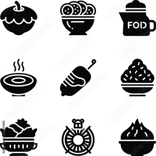 Set of nine black silhouette icons representing various types of food and culinary items