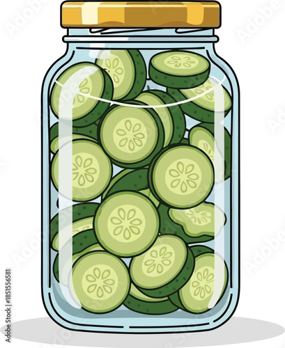 A cartoon illustration of a glass jar filled with cucumber slices on transparent background