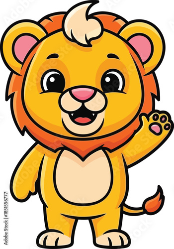 Adorable cartoon lion cub waving cheerfully perfect for designs on transparent background