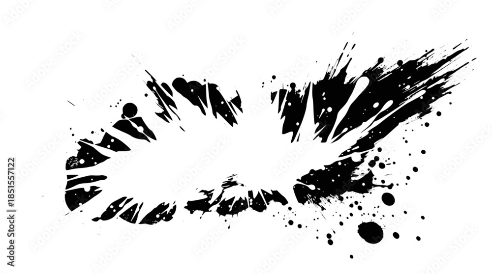 Naklejka premium A dynamic black and white abstract burst with radiating brush strokes and splatters, creating an energetic graphic design element.