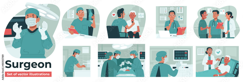 Fototapeta premium Surgeon Workflow Flat Vector Illustration Set