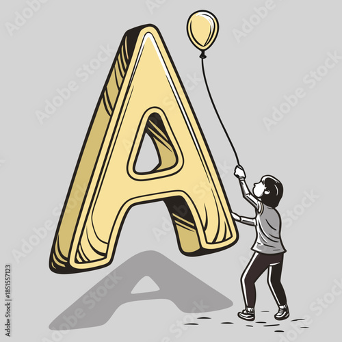 Child holding a balloon next to a giant letter A.