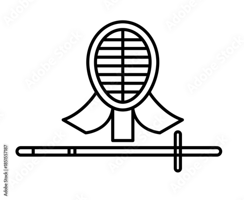 Simple kendo mask and bamboo sword icon. Vector.
