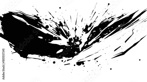 A dynamic black and white abstract burst with radiating brush strokes and splatters, creating an energetic graphic design element.
