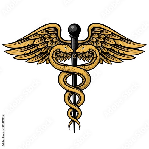 Gold caduceus medical symbol with two snakes and wings on white background representing healthcare and medicine