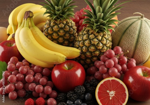 Vibrant Tropical and Berry Fruit Medley Piled Up on Table, Showcasing Healthy Eating and Natural Vitamin Abundance for Wellness Campaigns.