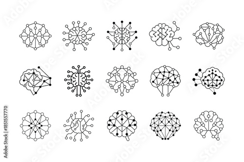 Monochrome AI Brain Vector Pack with Neural Network Connections