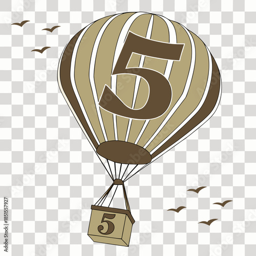Hot Air Balloon with Number 5 and Birds Flying.