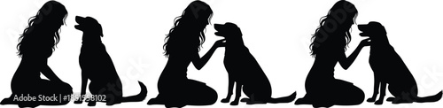 Woman and dog bonding silhouette illustration, emotional connection between female and pet, love, trust, companionship, black vector isolated on white background
