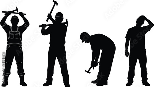 Construction workers silhouette collection, laborers using tools in different poses, industrial workforce concept, black vector illustration set for safety and engineering design