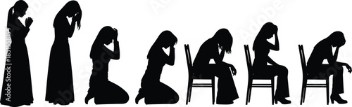 Praying woman silhouette sequence, spiritual worship poses from standing to kneeling and seated prayer, religious faith devotion black vector illustration set