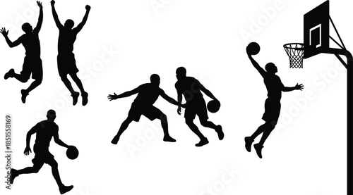 Basketball player silhouettes in action, slam dunk pose, dribbling and defense, black and white sports illustration, dynamic athletic movement