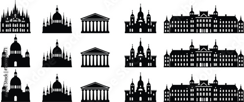 Architectural silhouette collection, historic building icons, temple and cathedral shapes, cultural structure design, cad drawing flat vector illustration