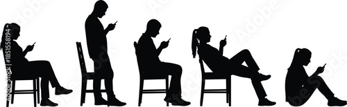 People using smartphones silhouette collection, modern technology addiction concept, seated and standing mobile phone users, minimal black vector illustration set