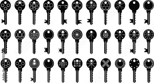Black key icons, abstract key designs, security symbols vector, encryption concept, access control, flat silhouette, cad drawing flat vector illustration