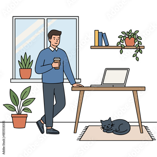 Man with Coffee by Window, Laptop, and Cat