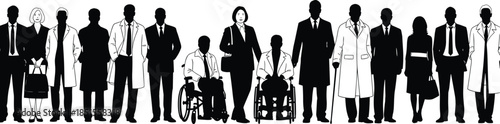 Professional people standing silhouette collection, diverse business team with disabled workers, inclusive workforce concept, black vector illustration isolated on white