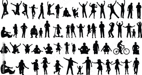 Children silhouette activity collection, kids playing running jumping cycling poses, joyful childhood actions, black vector illustration set for education and design
