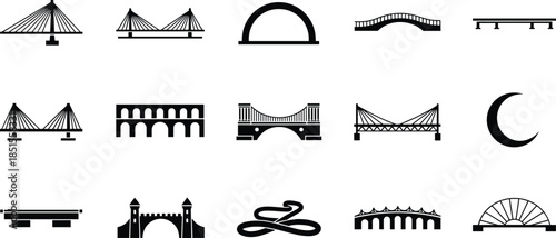 Bridge silhouette collection set, modern and historic crossing structures, suspension arch beam designs, architectural infrastructure icons, cad drawing flat vector illustration