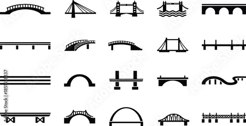 Bridge silhouette icon set, modern and classic crossing structures, architectural infrastructure symbols, transportation design elements, cad drawing flat vector illustration