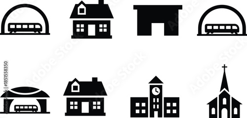 Building infrastructure icon set, train station house school church silhouette, black white vector, cad drawing flat vector illustration