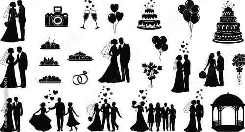 Wedding ceremony silhouette collection, bride and groom moments, celebration icons, romantic marriage elements, elegant black vector illustration set for event design