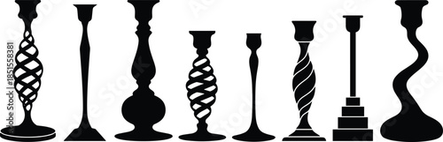 Candle holder silhouettes set, decorative candlestick shapes collection, elegant home decor objects, vintage modern styles, cad drawing flat vector illustration