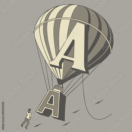 Man struggles with heavy letter A attached to a hot air balloon.
