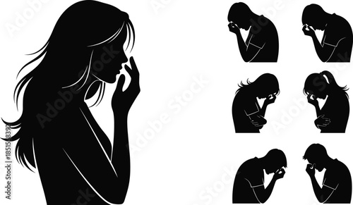 Sad woman silhouette set showing depression, anxiety, grief and emotional pain, female mental health concept, expressive black vector illustration collection