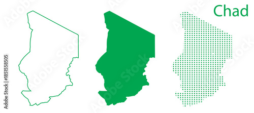 Chad Map Vector Set, Central Africa Outline Silhouette Dotted Green Shapes, Chad Country Infographic Template, Editable EPS Chad Geography