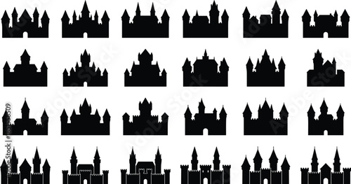 Castle silhouette collection, fantasy and medieval architecture, black and white illustration, turret and tower design, decorative fortress set