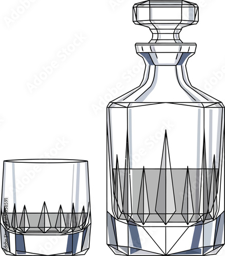 Elegant crystal decanter and glass set illustration on transparent background