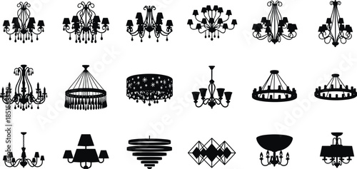 Chandelier silhouette collection set, classic and modern ceiling lighting fixtures, decorative interior lamp designs, luxury home decor, cad drawing flat vector illustration