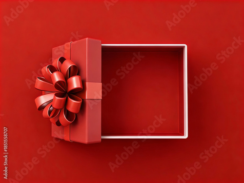 Open rectangular red gift box with large glossy multi-layered red satin bow and thin white interior trim, deep red background, 3D Octane render, modern minimalist product visualization style, soft dir