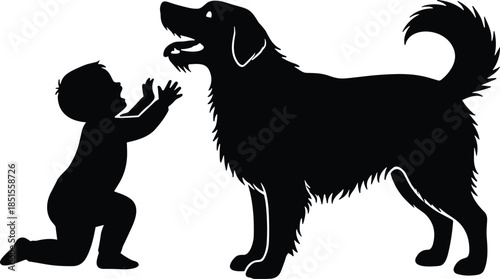 Child and dog silhouette illustration, playful interaction pose, emotional bond artwork, black companion graphic, innocence and friendship concept design