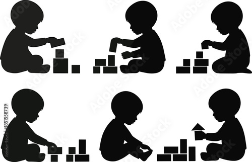 Child silhouette, building blocks, playtime activity, motor skills, educational toy, sitting child, black figure, child development, block play