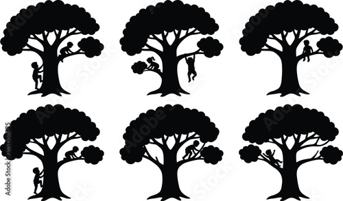 Children silhouettes, tree climbing, nature play, outdoor activity, black figures, playful kids, childhood moment, tree interaction, canopy branch, sitting child, hanging pose, climbing posture