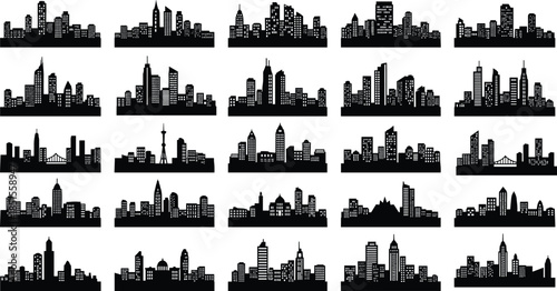 City skyline silhouette collection set, urban building landscapes, modern downtown architecture skylines, metropolitan horizon icons, cad drawing flat vector illustration